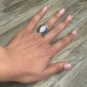 Sterling Silver Pink Opal Statement Ring | Filigree Band | Women’s Size 8